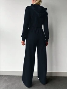 EURMUSE Ladies' Drawstring Crop Top And Sweatpants Set - Navy Blue - View 2