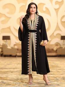 Al Najma Plus Size Embroidery Patchwork Jacket & Woven Belt Patchwork Dress