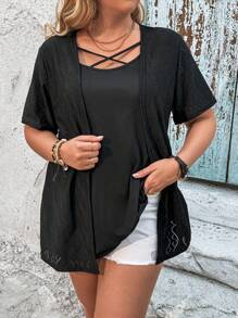 EMERY ROSE Plus Size Women's Embroidery Patchwork Cross V-Neck T-Shirt