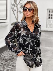 SHEIN Clasi 女士海星印花網紗襯衫復活節女裝連衣裙 - 黑色 - 查看 6