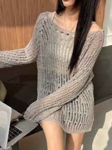 DAZY Solid Color Loose Fit Hollow Out Wide Round Neck Sweater For Women Off Shoulder Sweater,Long Sleeve Tops Summer Sheer Fall - Light Grey - View 4