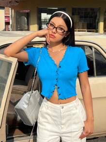 SHEIN EZwear Camiseta De Mujer Con Adornos De Volantes - Azul - Ver 1