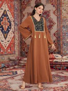 Al Najma Ladies' Arabesque Embroidery Fringed Decorated Dress - Dusty Pink - View 6