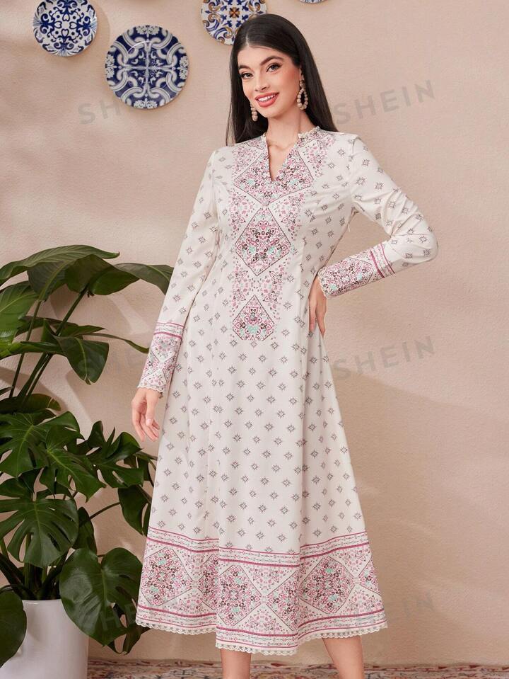 SHEIN Divindia Women s Long Sleeve Kurta With Notched Neckline And Geometric Pattern Style Indian SHEIN