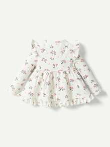 Cozy Pixies Áo dài tay cổ tròn họa tiết hoa cho bé gái có viền xếp nếp và quần màu trơn, 2 cái/bộ - màu xanh lá - Xem 2