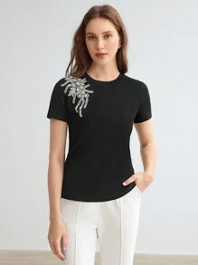 MOTF PREMIUM Camiseta Decorada Con Cuentas De Perlas Para Mujer