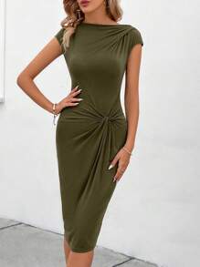 Ellevyn Women's Solid Color Twist Slim Fit Summer Bodycon Dress - Army Green - View 7