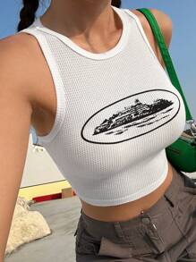 SHEIN EZwear Women's Black And White Printed Crop Top - White - View 3