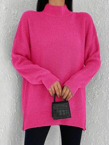 Cloudara Jersey de cuello alto de hombros caídos - Rosa Fucsia - Ver 4