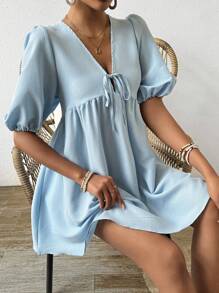 Chiquease 女性前扣短泡袖連衣裙 - 藍色 - 查看 7