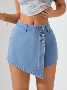 Women's Solid Color Button-Wrap Denim Skort - Medium Wash - View 4