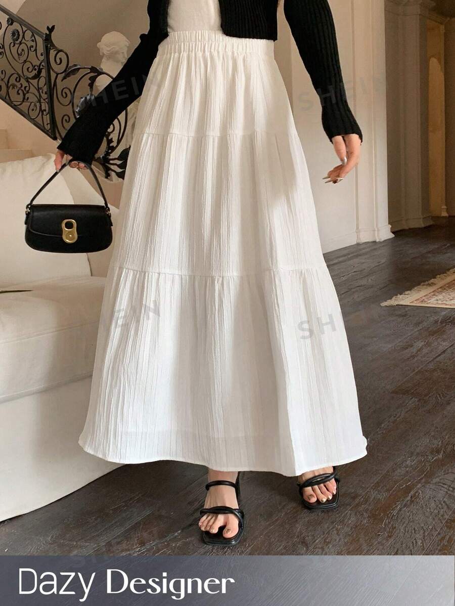 Dazy Designer Falda con cintura elástica y volantes en el bajo, falda larga y holgada de mujer casual de color blanco natural con volantes, para primavera/otoño, uso diario casual