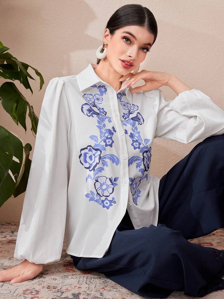 Women's Floral Print Lantern Sleeve Shirt With Prominent Positioning Printing
