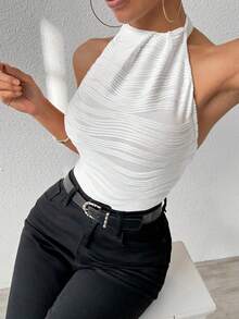 Chiquease Débardeur À Col Halter Pour Femme, Uni Couleur Unie Avec Tissu Texturé - Blanc - Voir 5