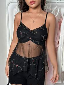 Lunelith SHEIN Lunessa Top Estilo Camisola De Malla Bordada Con Encaje Para Mujer