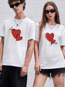 Manfinity VCAY 1 Stück Herren Lässiger Valentinstag Paar T-shirt Mit Herz Aufdruck Kurzarm
