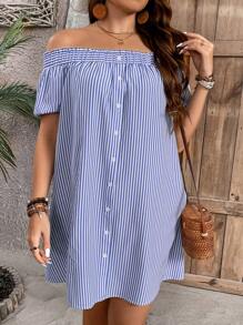SHEIN LUNE Plus Size Open Shoulder Striped Dress
