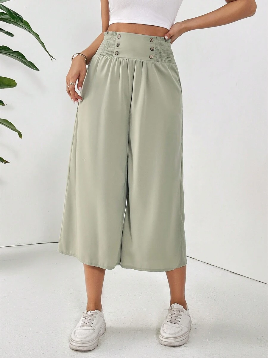 SHEIN Essnce Của phụ nữ Xếp li & Xoắn Dan Thiết kế Màu xanh lá Đàn hồi Cao eo Capri quần - màu xanh lá - Xem 1