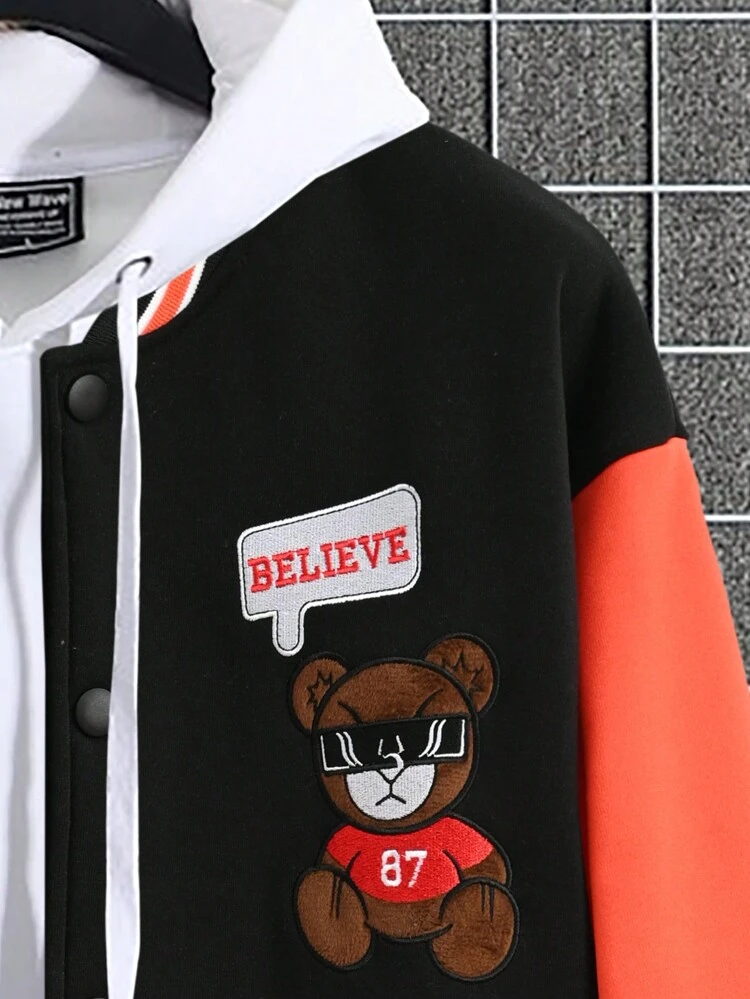 Men's Lettered Cartoon Bear Print Baseball Jacket