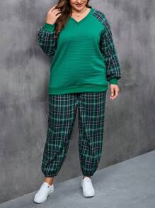 SHEIN LUNE Plus Plaid Print Raglan Sleeve Sweatshirt & Pants - Multicolor - View 4