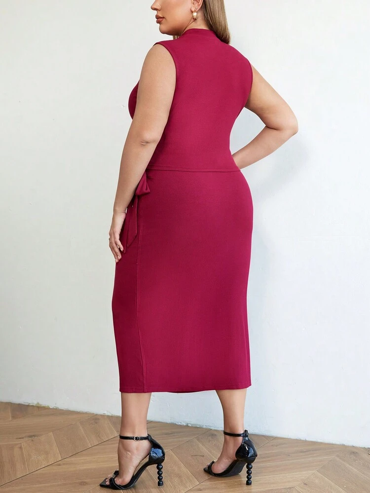 Elegant Elastic Waist Split Hem Bow Tie Skirt + Sleeveless Top With Small Stand Collar, Knitted Plus Size 2pcs/Set