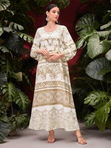 Al Najma Vintage Women's Lantern Sleeve Printed Dress