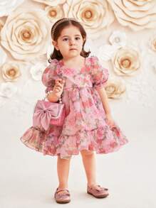 Mother & Baby Girls' Floral Pattern Organza Ruffle Sleeve Dress