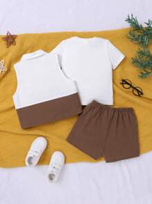 SHEIN Baby Boy Summer Outdoor Color Block Casual & College Style Comfortable & Fashionable & Simple Utility Loose Fit Color Block Vest & Shorts & Solid Color Short Sleeve T-Shirt 3pcs/Set - Multicolor - View 3