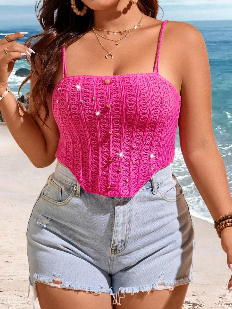 Flirla Plus Size Women's Knitted Buttoned Camisole - Royal Blue - View 1