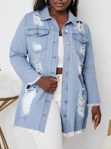 SHEIN SXY Chaqueta De Mezclilla Casual Desgastada De Mujer De Talla Grande Y Sin Elasticidad - Azul - Ver 3