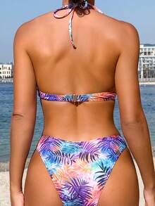 SHEIN Swim 女士熱帶印花綁頸比基尼套裝，嘉年華風 - 彩色 - 查看 2