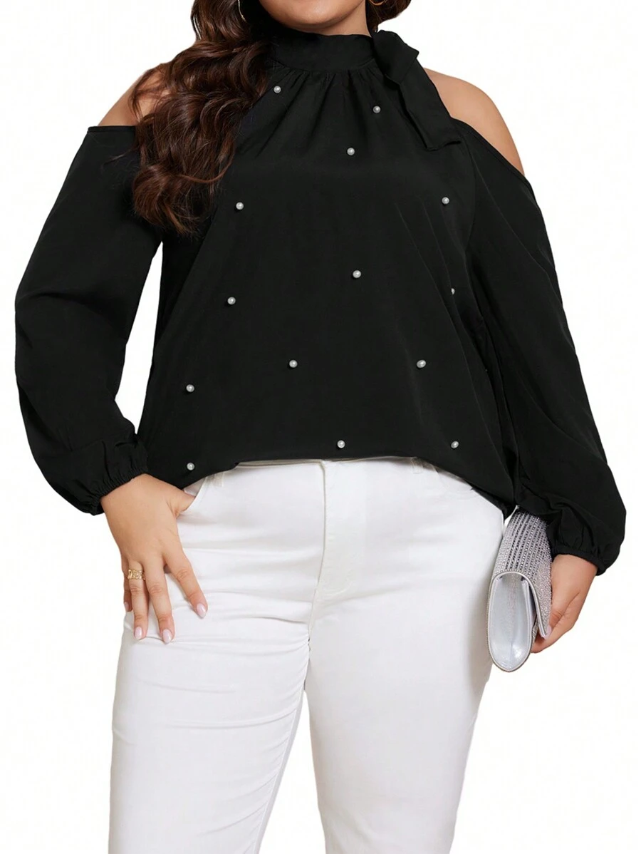 SHEIN Unity Plus Size Women Studded Blouse - Black - View 1