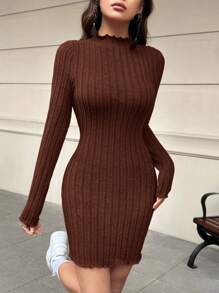 SHEIN EZwear 卡其針織緊身女長袖連衣裙