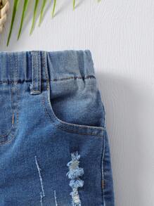 Đứa bé trai Đau khổ Frayed Hem Quần short Denim - Rửa trung bình - Xem 7