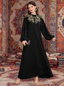 Al Najma Embroidered Lantern Sleeve Dress With Patchwork - Black - View 3