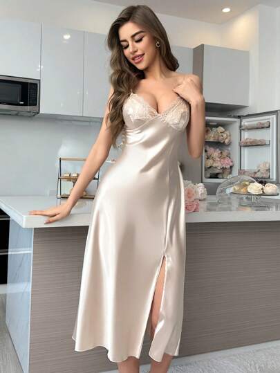 Geborduurde Split Hem Cami Sleep Dress Pajama Long view 6