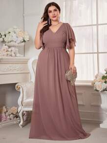 Spaghetti Strap Pressed Ruched Waist Chiffon Bridesmaid Dress - Dusty Pink - View 4