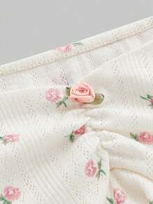 ROMWE Kawaii 女款 Himekaji 娃娃装泡泡袖 T 恤，采用纹理印花面料和花卉图案，学校