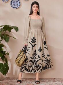 Mulvari Women's Plant Printed Shirred Top Half Sleeve Dress - Khaki - View 6