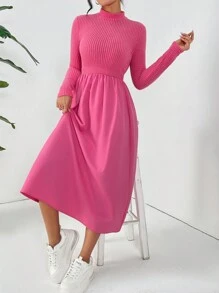 SHEIN Essnce Women's Casual Solid Color Stand Collar Dress - Hot Pink - View 4