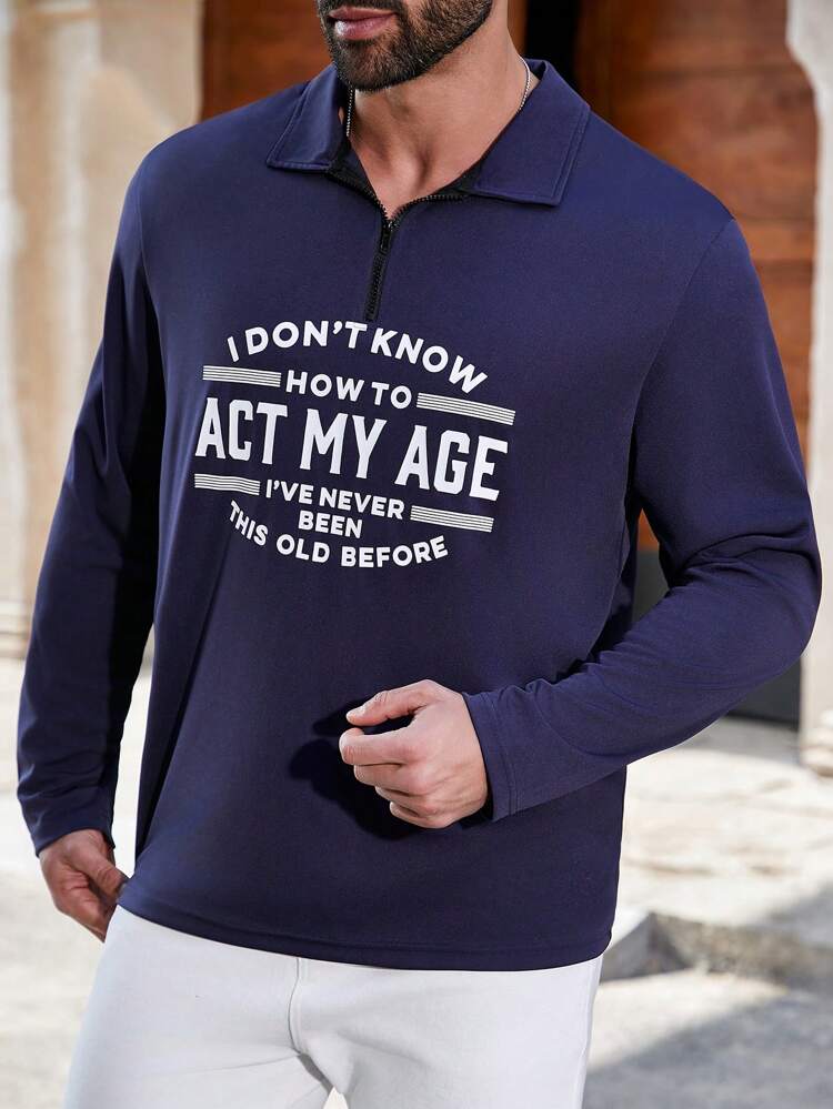 Men's Plus Size Letter Print Long Sleeve Polo Shirt