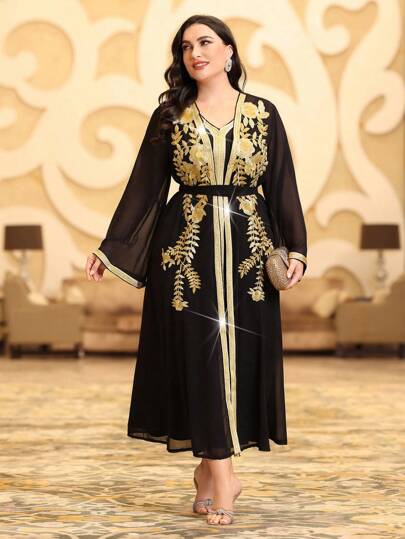 Al Najma Plus Size Embroidered Patchwork Jacket And Ribbon Patchwork Dress , Belted Moroccan Kaftan