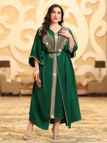 Al Najma Váy Kaftan Jalabiya rộng rãi cổ chữ V dệt thắt lưng cho nữ, phong cách tiệc tối sang trọng thanh lịch - Màu xanh lá cây đậm - Xem 1