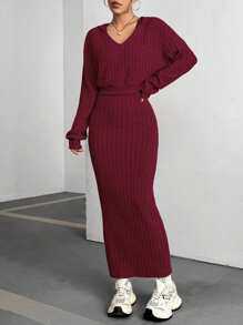 SHEIN Unity Solid Color Long Sleeve Hoodie And Sleeveless Dress Set - Burgundy - View 4