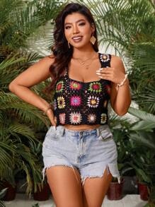 SHEIN SunnyBelle Plus Size Floral Crochet Knitting Top - Black - View 3