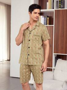 Men's Geometric Pattern Short Sleeve Shirt Pajama Set