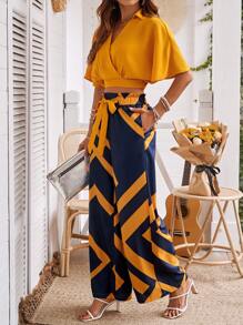 SHEIN Clasi Ladies' Solid Color Cropped Top With Collar And Geometric Pattern Pants Set