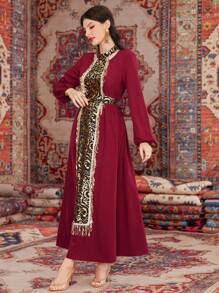 Al Najma 阿拉伯風格長袖燈籠袖連衣裙,印有金色箔印花圖案 - 紅木色 - 查看 5