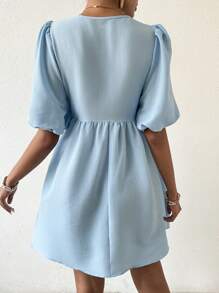 Chiquease 女性前扣短泡袖連衣裙 - 藍色 - 查看 2