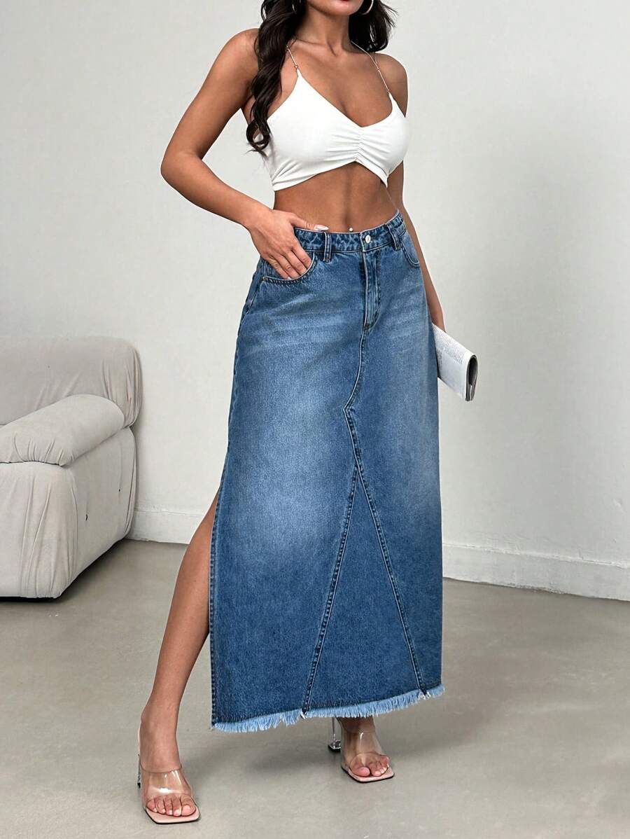 SHEIN Cottnline Ladies' Denim Skirt With Side Slit And Frayed Hem - Blue - View 1